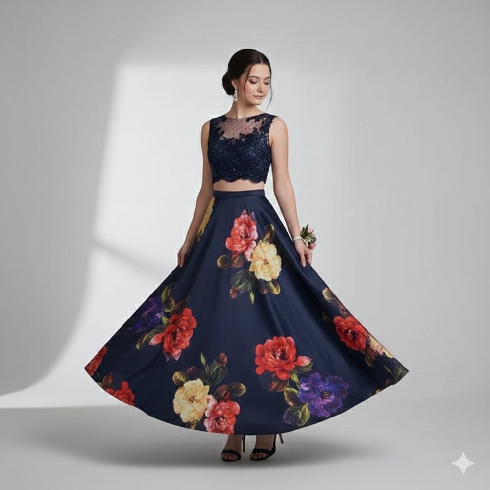 Camille La Vie 2-Piece Prom Dress - Navy Blue Lace Crop Top & Floral Satin Skirt